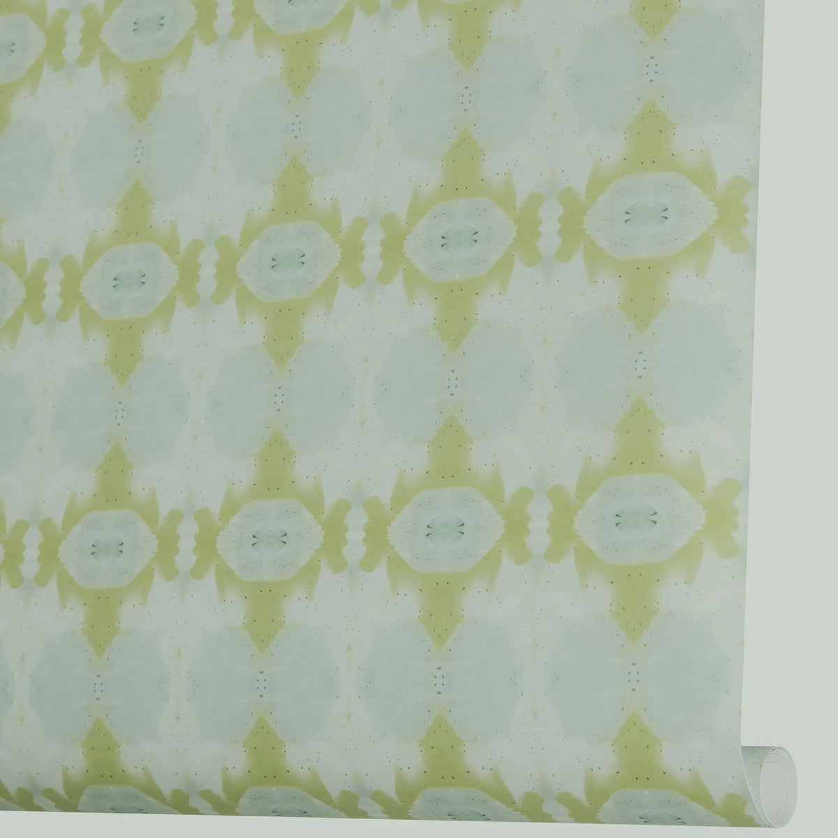 Designer abstract wallpaper in chartreuse green and soft blue with an organic geometric motif, ideal for modern traditional interiors, statement walls, and layered homes.