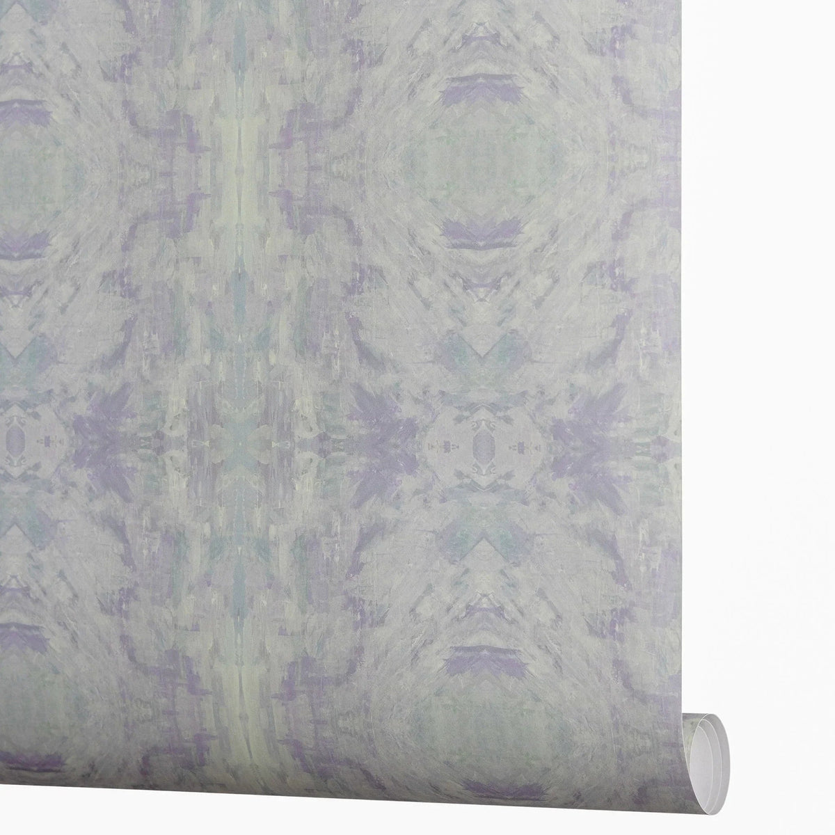 Designer abstract wallpaper with a richly layered pattern in lavender, soft blue, and sage green, inspired by Truett's original artwork and ideal for sophisticated modern traditional interiors.