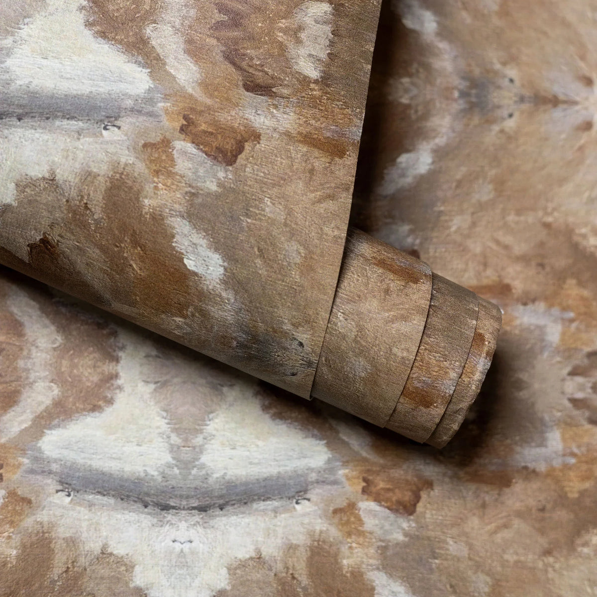 Luxury cognac brown abstract wallpaper with painterly organic movement and linear lines inspired by live oak trees, designed for contemporary and modern traditional interiors.