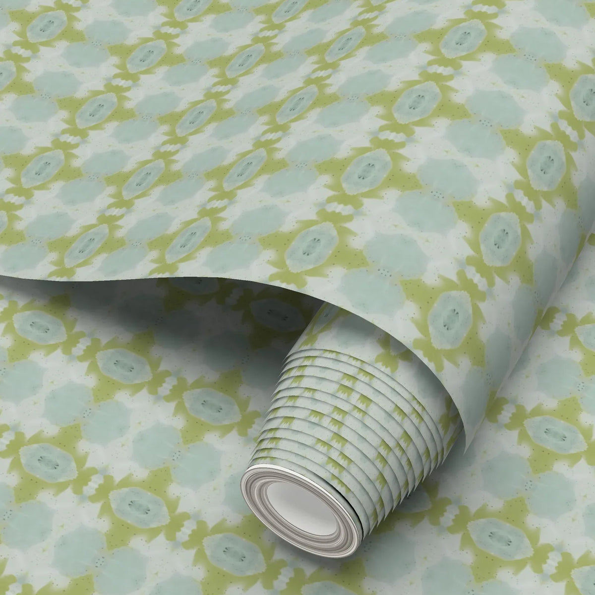 Designer abstract wallpaper in chartreuse green and soft blue with an organic geometric motif, ideal for modern traditional interiors, statement walls, and layered homes.