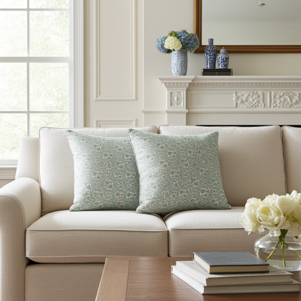 Luxury floral decorative pillow inspired by English cottage gardens with soft botanical detail and layered texture, designed for modern traditional interiors, cozy bedrooms, collected living spaces, and timeless cottage-style homes. Sustainably printed and handcrafted in England by Truett Designs.